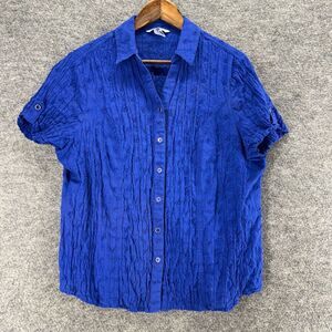 Allison Daley Shirt Women 16 Blue Geometric Button Up Collared Short Sleeve